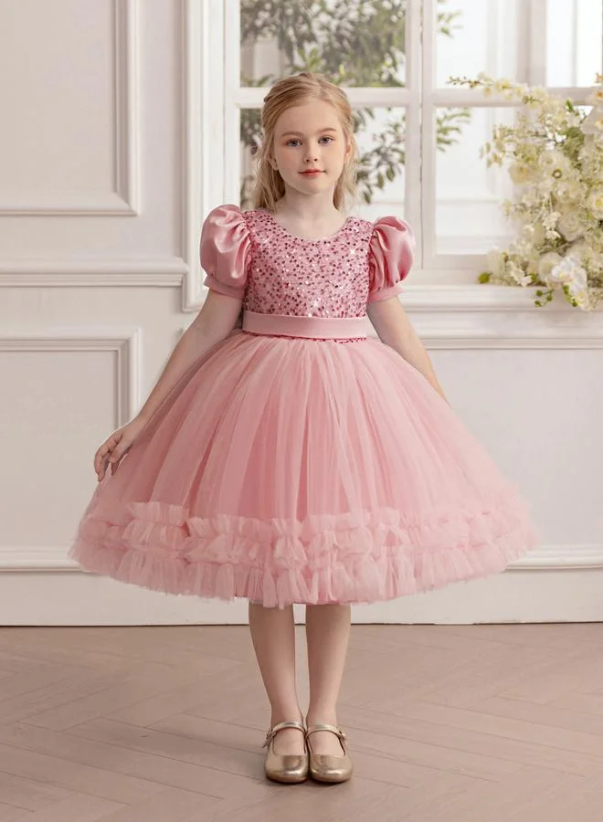 Take Two  Girls Pink Sequin Puff Sleeve Ruffles Hem Dress for Women | Best Price UAE